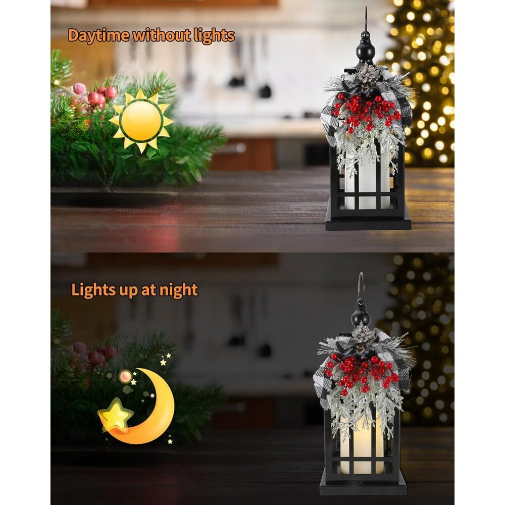 New Metal Black Christmas Lantern with Flameless Candle, Rustic Holiday Decor - Picture 4 of 7